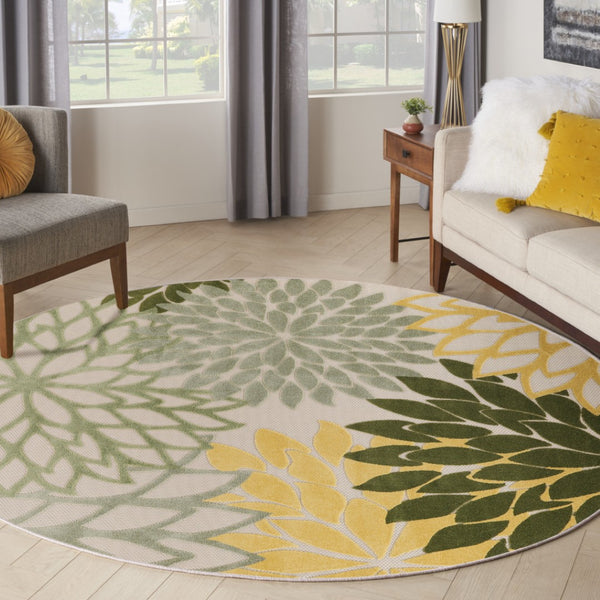 HomeRoots 5' Round Floral Area Rug in Green, Yellow, Ivory & Dark Green - Indoor/Outdoor Durable Design! 548138