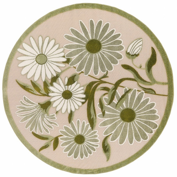 HomeRoots 5' Round Floral Area Rug in Ivory & Green – Stylish, Durable, Indoor/Outdoor Decor for Any Space 548140