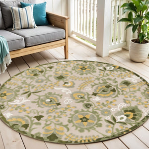HomeRoots 5' Round Floral Area Rug in Ivory, Green & Yellow - Durable Indoor/Outdoor Design for Versatile Style! 548142