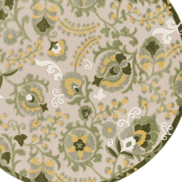 HomeRoots 5' Round Floral Area Rug in Ivory, Green & Yellow - Durable Indoor/Outdoor Design for Versatile Style! 548142