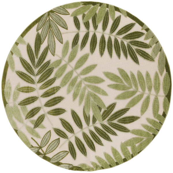 HomeRoots 5' Coastal-Inspired Ivory and Green Round Palm Leaf Rug for Indoor/Outdoor Durability and Style 548143