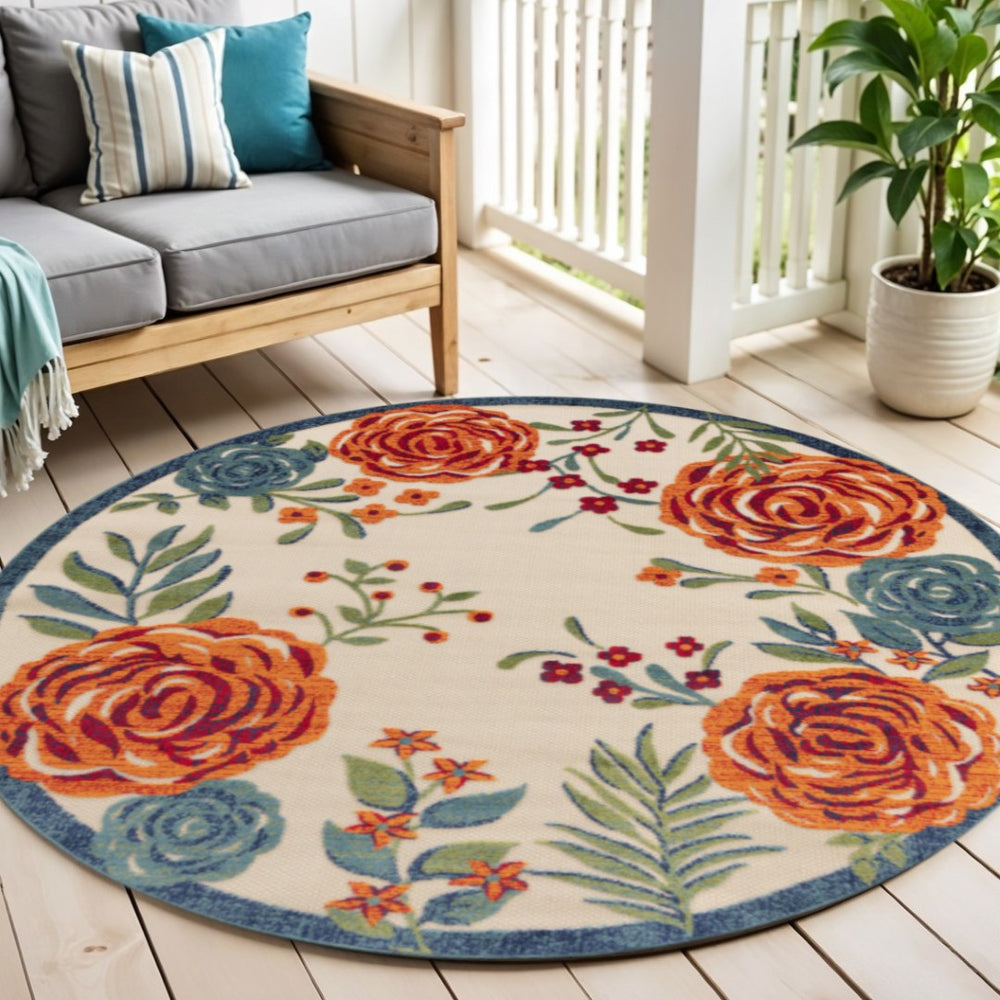 HomeRoots 5' Round Floral Area Rug in Ivory, Orange, Blue & Green – Perfect for Indoor & Outdoor Spaces! 548146