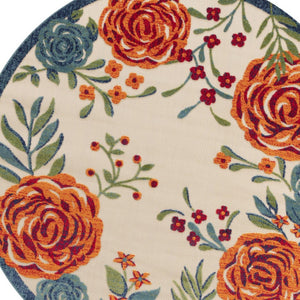 HomeRoots 5' Round Floral Area Rug in Ivory, Orange, Blue & Green – Perfect for Indoor & Outdoor Spaces! 548146