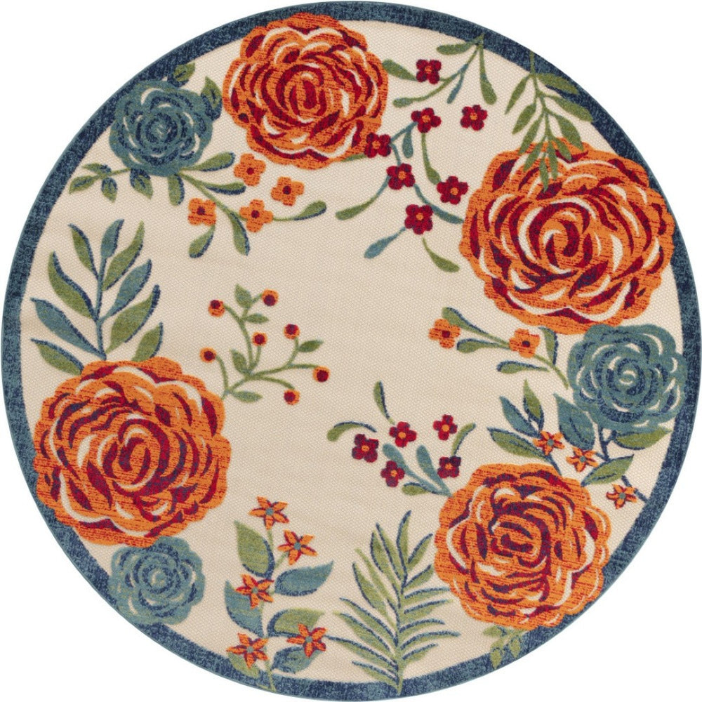 HomeRoots 5' Round Floral Area Rug in Ivory, Orange, Blue & Green – Perfect for Indoor & Outdoor Spaces! 548146