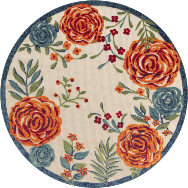 HomeRoots 5' Round Floral Area Rug in Ivory, Orange, Blue & Green – Perfect for Indoor & Outdoor Spaces! 548146
