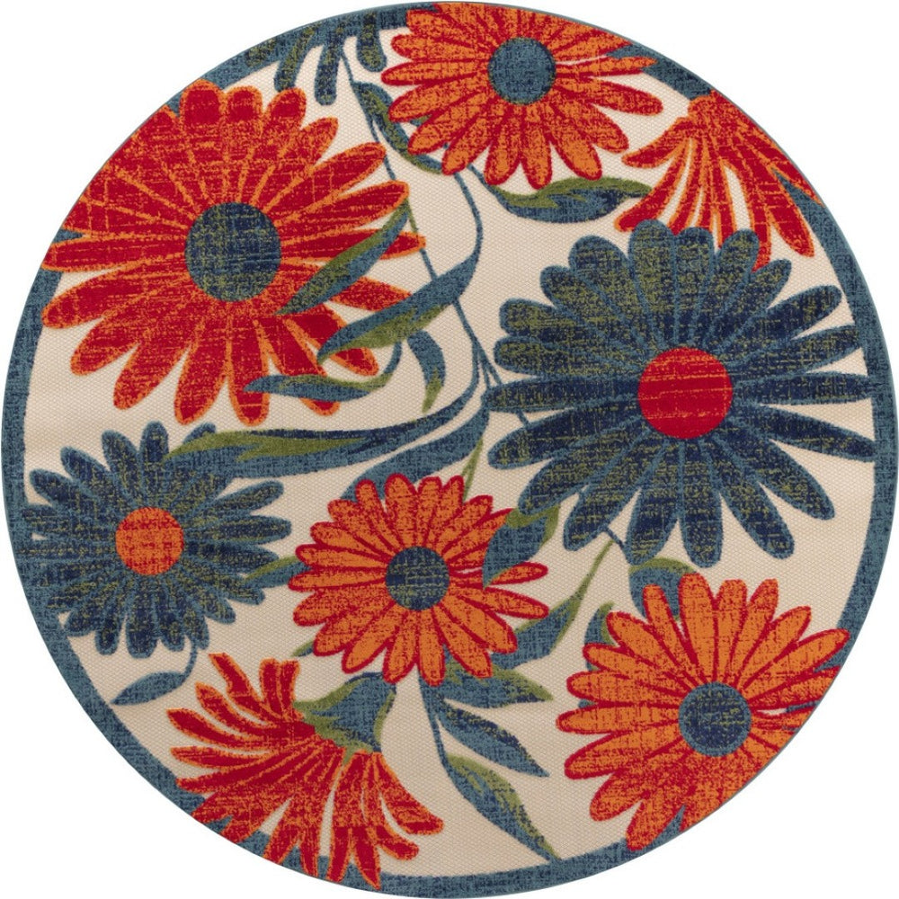 HomeRoots 5' Round Floral Area Rug in Ivory, Blue & Orange - Durable, Easy-Clean for Indoor & Outdoor Use! 548147