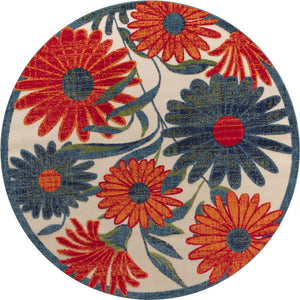 HomeRoots 5' Round Floral Area Rug in Ivory, Blue & Orange - Durable, Easy-Clean for Indoor & Outdoor Use! 548147