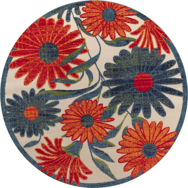 HomeRoots 5' Round Floral Area Rug in Ivory, Blue & Orange - Durable, Easy-Clean for Indoor & Outdoor Use! 548147