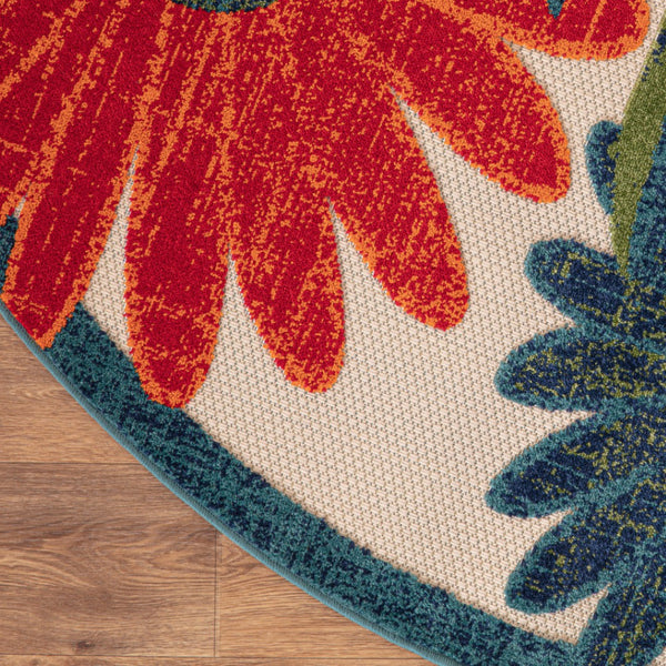 HomeRoots 5' Round Floral Area Rug in Ivory, Blue & Orange - Durable, Easy-Clean for Indoor & Outdoor Use! 548147