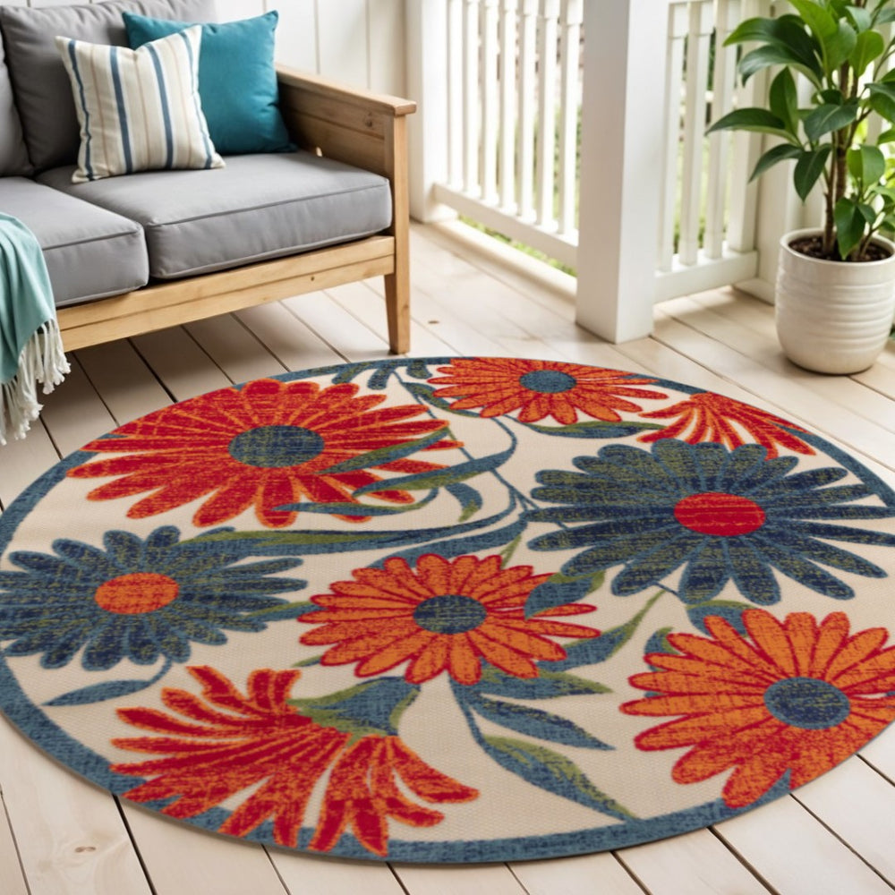 HomeRoots 5' Round Floral Area Rug in Ivory, Blue & Orange - Durable, Easy-Clean for Indoor & Outdoor Use! 548147