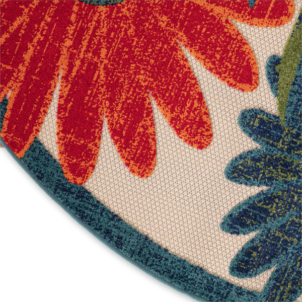 HomeRoots 5' Round Floral Area Rug in Ivory, Blue & Orange - Durable, Easy-Clean for Indoor & Outdoor Use! 548147
