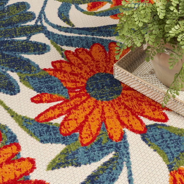 HomeRoots 5' Round Floral Area Rug in Ivory, Blue & Orange - Durable, Easy-Clean for Indoor & Outdoor Use! 548147