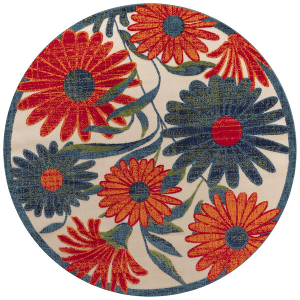 HomeRoots 5' Round Floral Area Rug in Ivory, Blue & Orange - Durable, Easy-Clean for Indoor & Outdoor Use! 548147