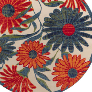 HomeRoots 5' Round Floral Area Rug in Ivory, Blue & Orange - Durable, Easy-Clean for Indoor & Outdoor Use! 548147