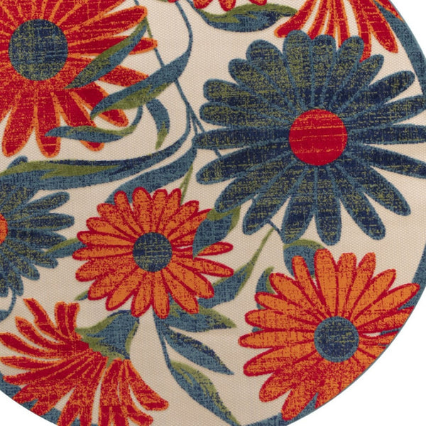 HomeRoots 5' Round Floral Area Rug in Ivory, Blue & Orange - Durable, Easy-Clean for Indoor & Outdoor Use! 548147
