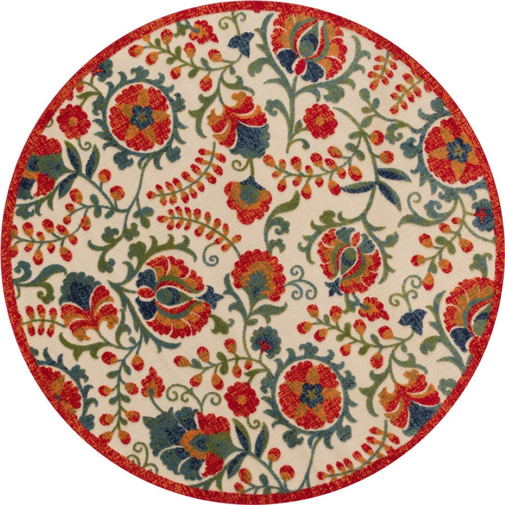 HomeRoots 5' Vibrant Round Floral Area Rug in Red, Gold, Teal & Green - Durable, Stain-Resistant for Indoors & Outdoors 548148