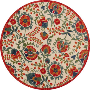 HomeRoots 5' Vibrant Round Floral Area Rug in Red, Gold, Teal & Green - Durable, Stain-Resistant for Indoors & Outdoors 548148