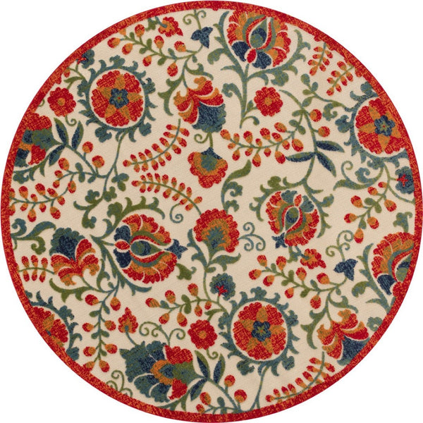 HomeRoots 5' Vibrant Round Floral Area Rug in Red, Gold, Teal & Green - Durable, Stain-Resistant for Indoors & Outdoors 548148