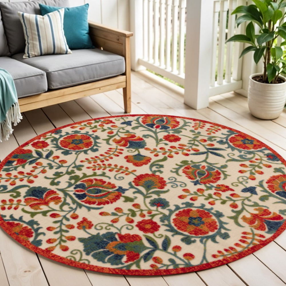 HomeRoots 5' Vibrant Round Floral Area Rug in Red, Gold, Teal & Green - Durable, Stain-Resistant for Indoors & Outdoors 548148