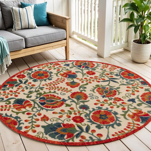 HomeRoots 5' Vibrant Round Floral Area Rug in Red, Gold, Teal & Green - Durable, Stain-Resistant for Indoors & Outdoors 548148