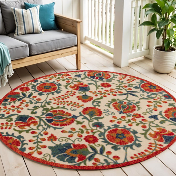 HomeRoots 5' Vibrant Round Floral Area Rug in Red, Gold, Teal & Green - Durable, Stain-Resistant for Indoors & Outdoors 548148