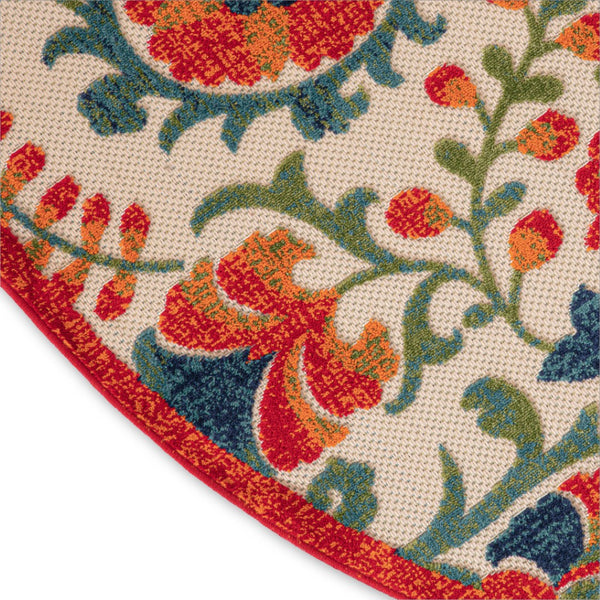 HomeRoots 5' Vibrant Round Floral Area Rug in Red, Gold, Teal & Green - Durable, Stain-Resistant for Indoors & Outdoors 548148