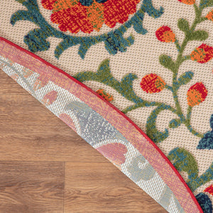 HomeRoots 5' Vibrant Round Floral Area Rug in Red, Gold, Teal & Green - Durable, Stain-Resistant for Indoors & Outdoors 548148