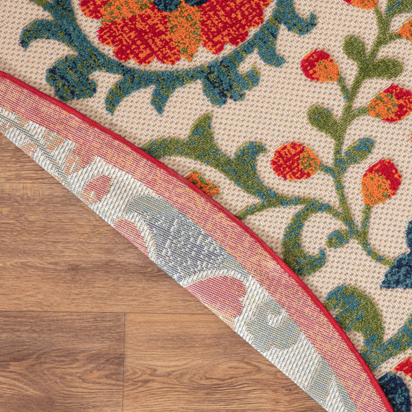 HomeRoots 5' Vibrant Round Floral Area Rug in Red, Gold, Teal & Green - Durable, Stain-Resistant for Indoors & Outdoors 548148