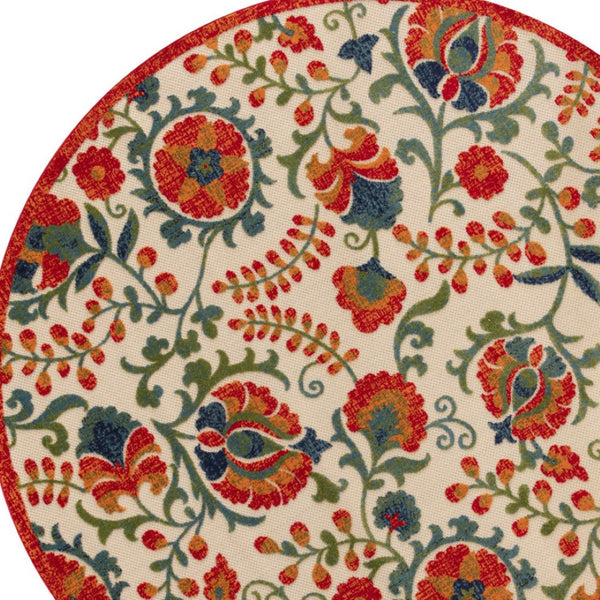 HomeRoots 5' Vibrant Round Floral Area Rug in Red, Gold, Teal & Green - Durable, Stain-Resistant for Indoors & Outdoors 548148