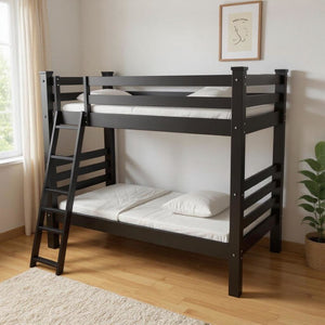 HomeRoots Black Twin Over Twin Solid Wood Bunk Bed - Timeless Design, Durable Pine, Safety Features, Easy Assembly 548173