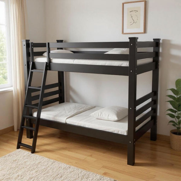 HomeRoots Black Twin Over Twin Solid Wood Bunk Bed - Timeless Design, Durable Pine, Safety Features, Easy Assembly 548173