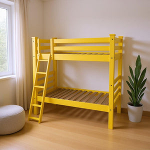 HomeRoots Yellow Twin Bunk Bed - Classic Solid Wood Design with Safety Features for Kids & Space-Saving Style 548174
