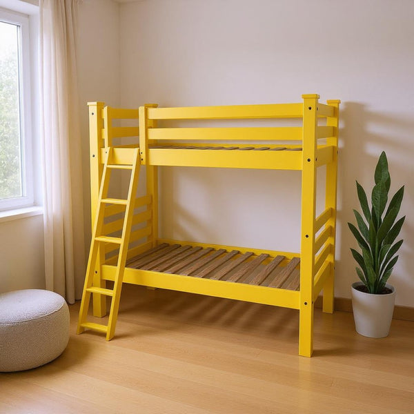 HomeRoots Yellow Twin Bunk Bed - Classic Solid Wood Design with Safety Features for Kids & Space-Saving Style 548174