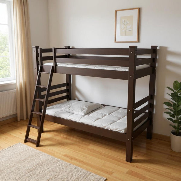 HomeRoots Brown Twin Over Twin Solid Wood Bunk Bed - Stylish Space-Saving Design with Safety Features & Durability 548182