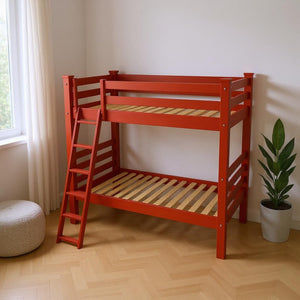 HomeRoots Red Twin Traditional Solid Wood Bunk Bed - Durable, Stylish, Space-Saving Design for Kids & Guests 548183