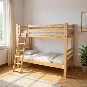 HomeRoots Natural Twin Over Twin Solid Wood Bunk Bed - Sturdy Hand-Crafted Design for Space-Saving Fun! 548184