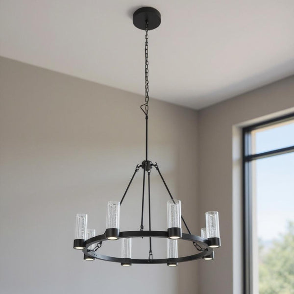 HomeRoots Black Candle-Style Eight-Light Smart Chandelier - Modern Farmhouse Design with Dimmable Functionality 548191