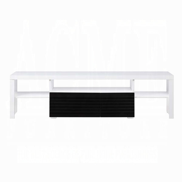 English Elm White White and Black High Gloss 3-Shelf TV Stand for Up to 80" TVs - Modern Storage, Metal Glide Drawer B062P209171