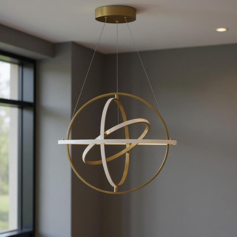 HomeRoots Gold Geometric LED Chandelier - Dimmable, Smart Home Ready, Adjustable Height for Modern Spaces 548205