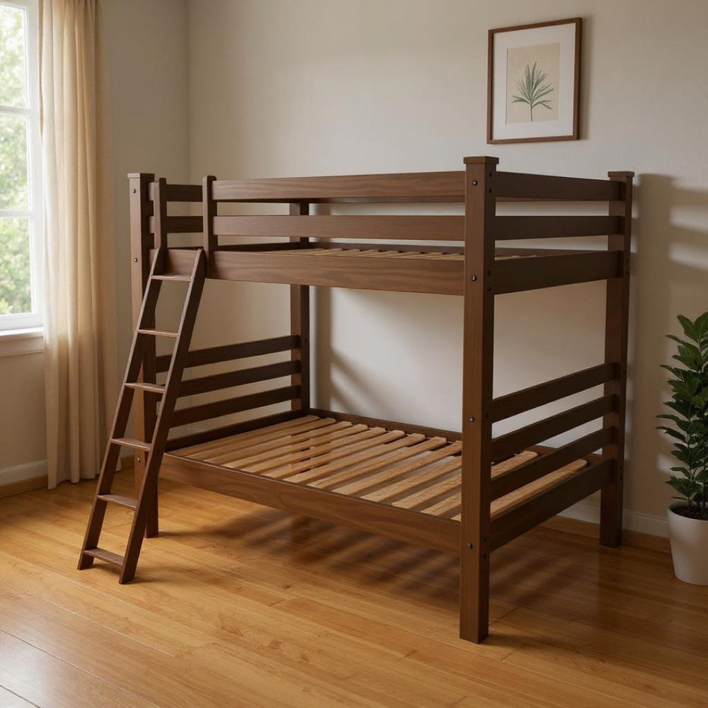 HomeRoots Red Full Over Full Solid Wood Bunk Bed - Space-Saving Design, Durable Pine, Cheerful Finish & Safety Features 548209