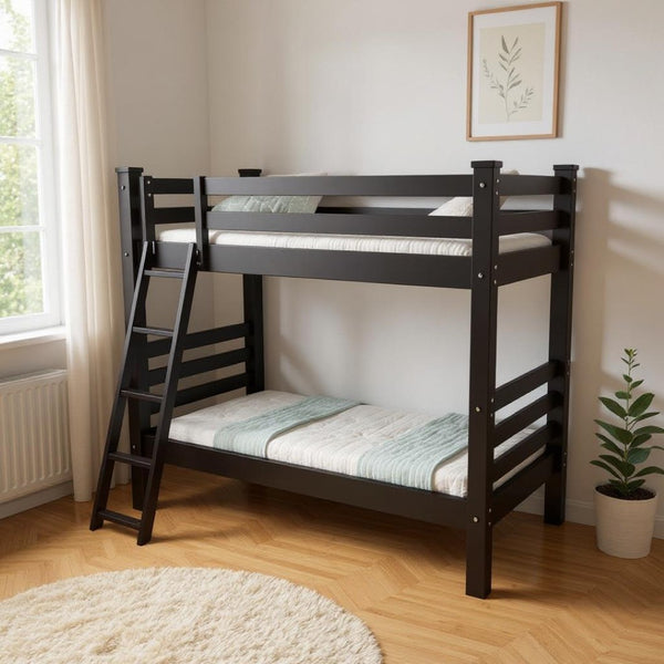 HomeRoots Black Solid Wood Full-Over-Full Bunk Bed: Stylish, Durable, Space-Saving Solution for Kids' Rooms 548210