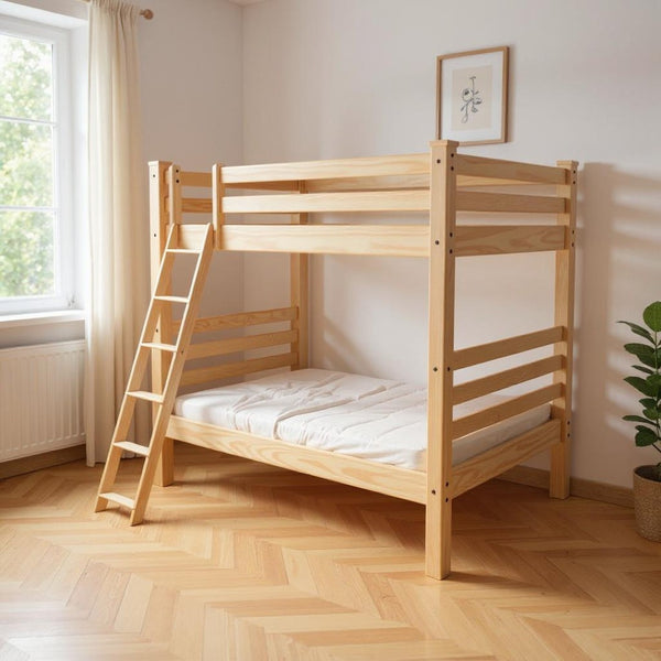 HomeRoots Natural Full Over Full Solid Wood Bunk Bed – Sturdy Pine Design with Safety Features & Timeless Charm 548221