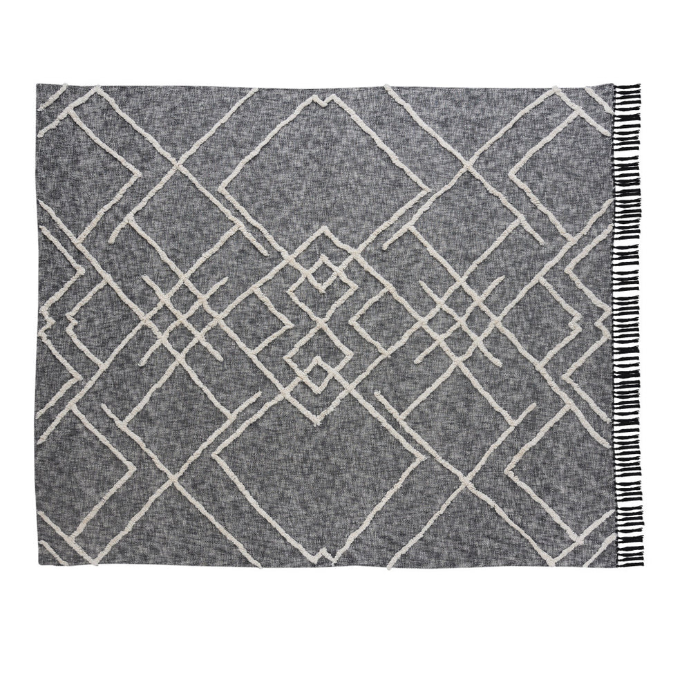 Homeroots Charcoal And Off White Geometric Queen Cotton Coverlet With Fringe  Cotton 548242