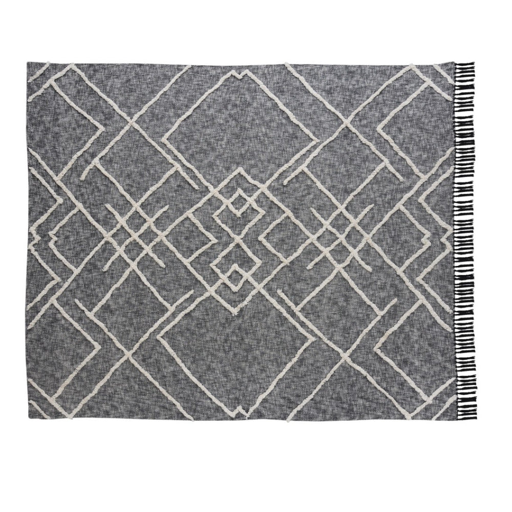 HomeRoots Charcoal Geometric Cotton Coverlet with Tufted Texture and Black Fringe for Modern Bohemian Style King 548243