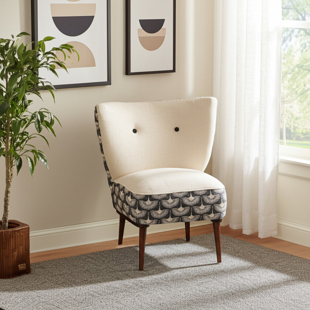 Homeroots 30" Cream Charcoal Wingback Chair - Geometric Tufted Design With Nailhead Trim For Modern Elegance   548247