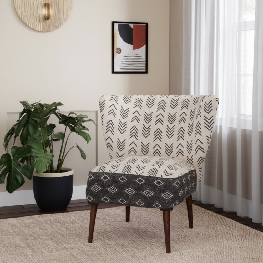 Homeroots 30" Modern Charcoal Cream Geometric Wingback Chair - Stylish Upholstered Accent With Nailhead Trim   548248