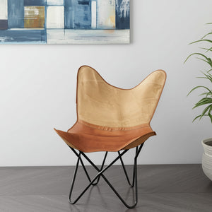 Homeroots 37" Brown Tan And Black Canvas & Leather Butterfly Chair - Stylish, Comfortable, And Durable Accent Piece   548249