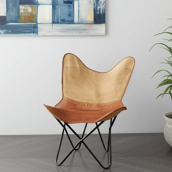 Homeroots 37" Brown Tan And Black Canvas & Leather Butterfly Chair - Stylish, Comfortable, And Durable Accent Piece   548249