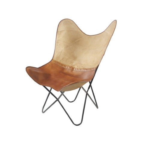 Homeroots 37" Brown Tan And Black Canvas & Leather Butterfly Chair - Stylish, Comfortable, And Durable Accent Piece   548249
