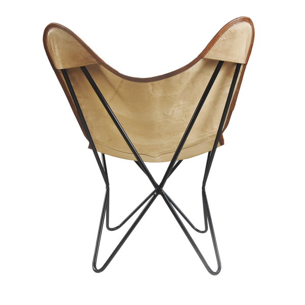 Homeroots 37" Brown Tan And Black Canvas & Leather Butterfly Chair - Stylish, Comfortable, And Durable Accent Piece   548249